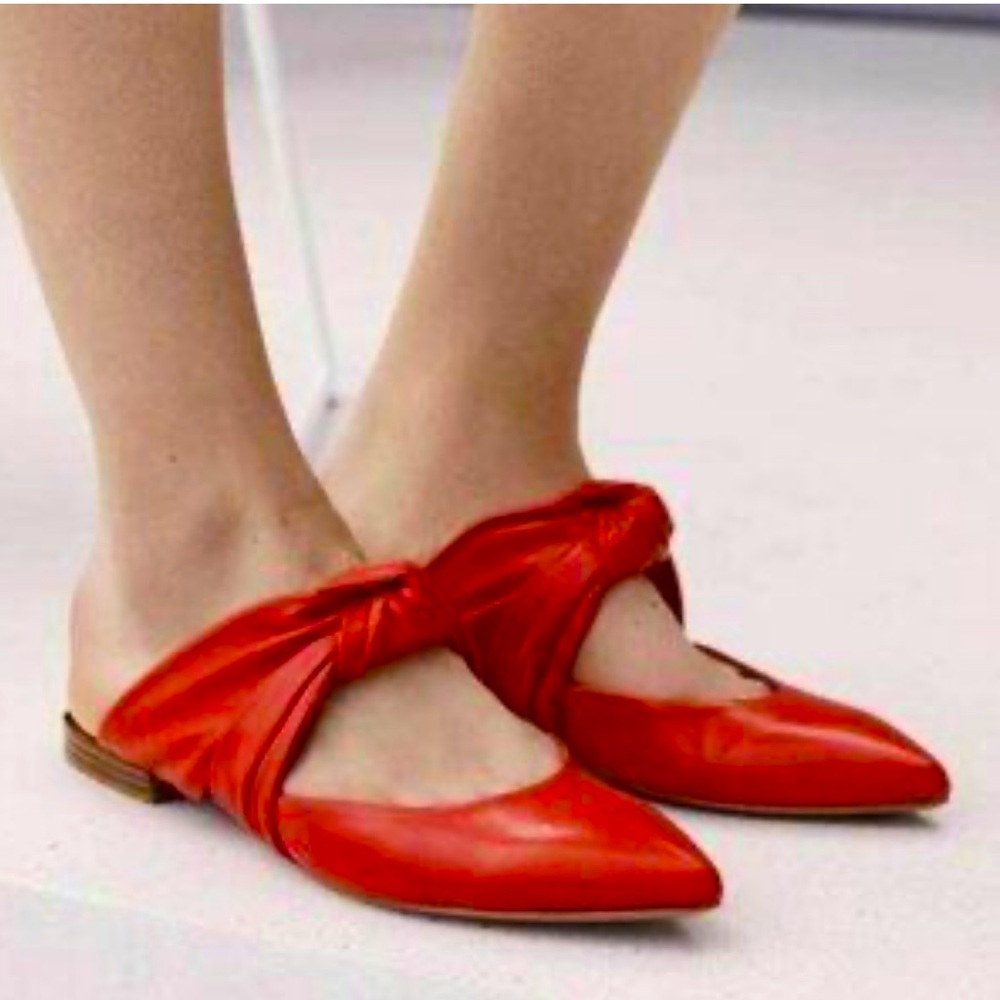 Lewit Cara Red Leather Knot Pointed Toe Mule Flats Size 38 1/2